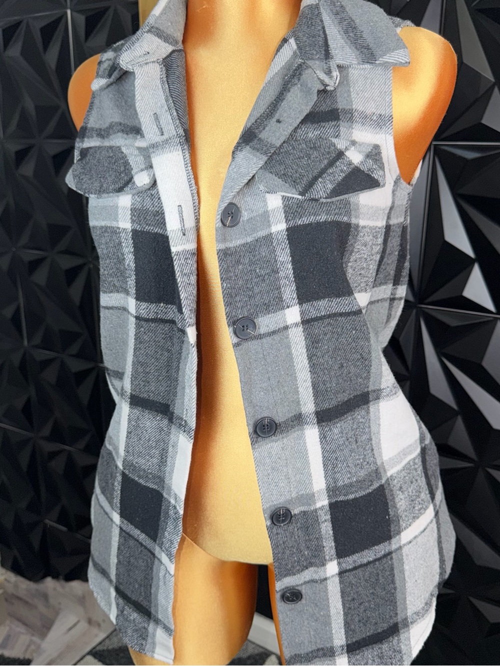 🔥👘Sleeveless Plaid Button-Front Shirt Vest - Gray/Black